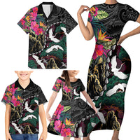 Hawaiian and Japanese Culture Family Matching Short Sleeve Bodycon Dress and Hawaiian Shirt Crane Sakura Hibiscus Tropical Vibes