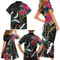 Hawaiian and Japanese Culture Family Matching Short Sleeve Bodycon Dress and Hawaiian Shirt Crane Sakura Hibiscus Tropical Vibes