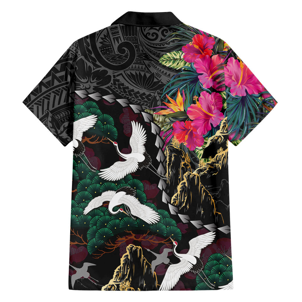 Hawaiian and Japanese Culture Family Matching Short Sleeve Bodycon Dress and Hawaiian Shirt Crane Sakura Hibiscus Tropical Vibes