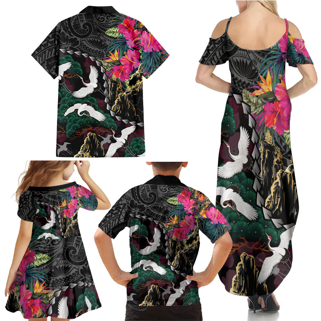 Hawaiian and Japanese Culture Family Matching Summer Maxi Dress and Hawaiian Shirt Crane Sakura Hibiscus Tropical Vibes