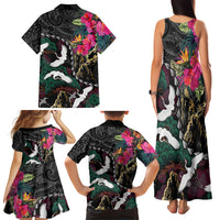 Hawaiian and Japanese Culture Family Matching Tank Maxi Dress and Hawaiian Shirt Crane Sakura Hibiscus Tropical Vibes