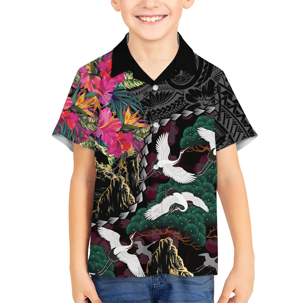 Hawaiian and Japanese Culture Family Matching Tank Maxi Dress and Hawaiian Shirt Crane Sakura Hibiscus Tropical Vibes
