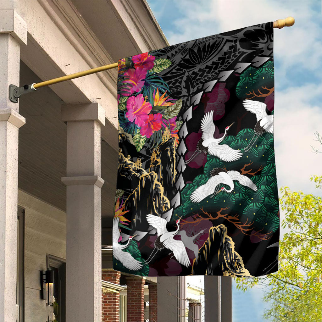 Hawaiian and Japanese Culture Garden Flag Crane Sakura Hibiscus Tropical Vibes