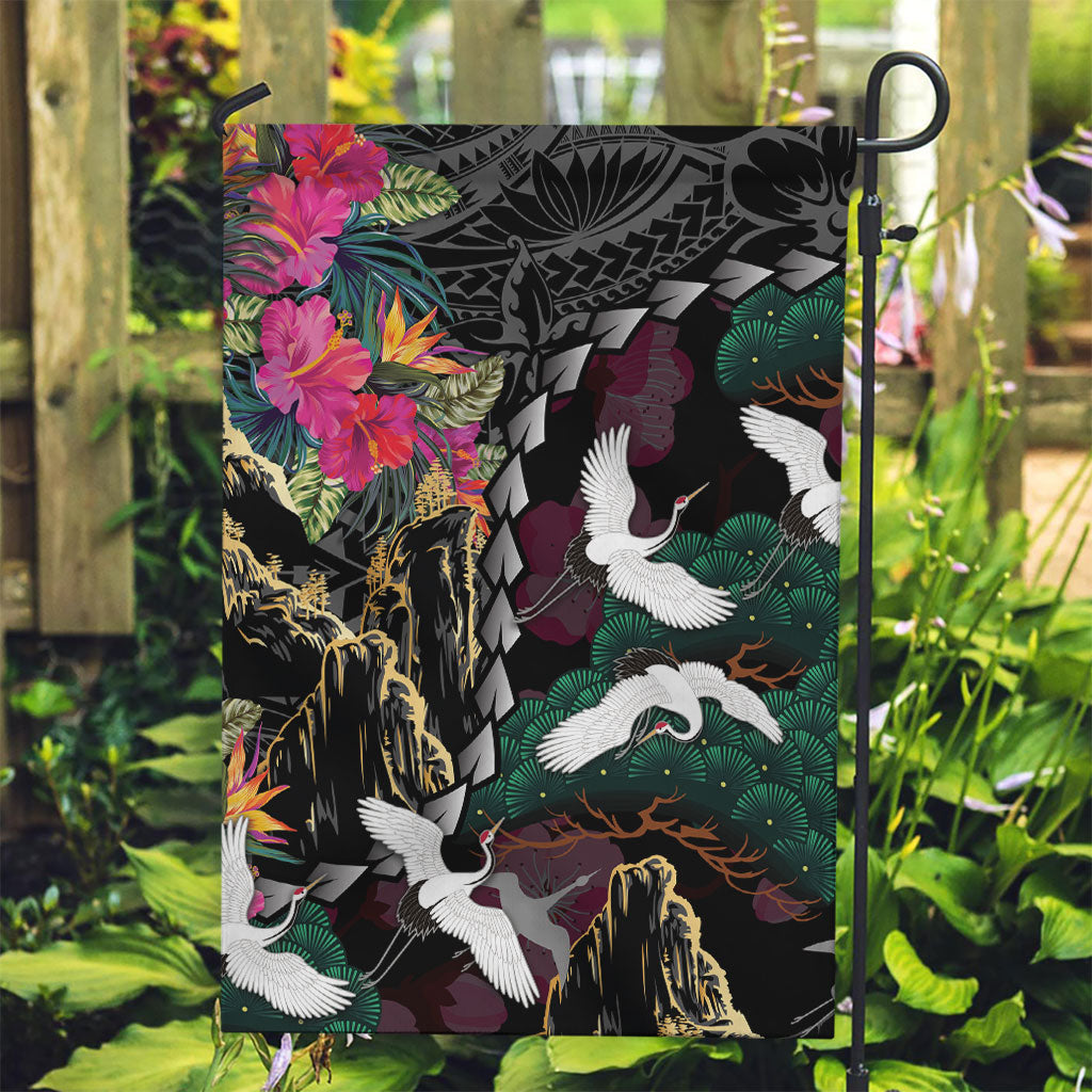 Hawaiian and Japanese Culture Garden Flag Crane Sakura Hibiscus Tropical Vibes
