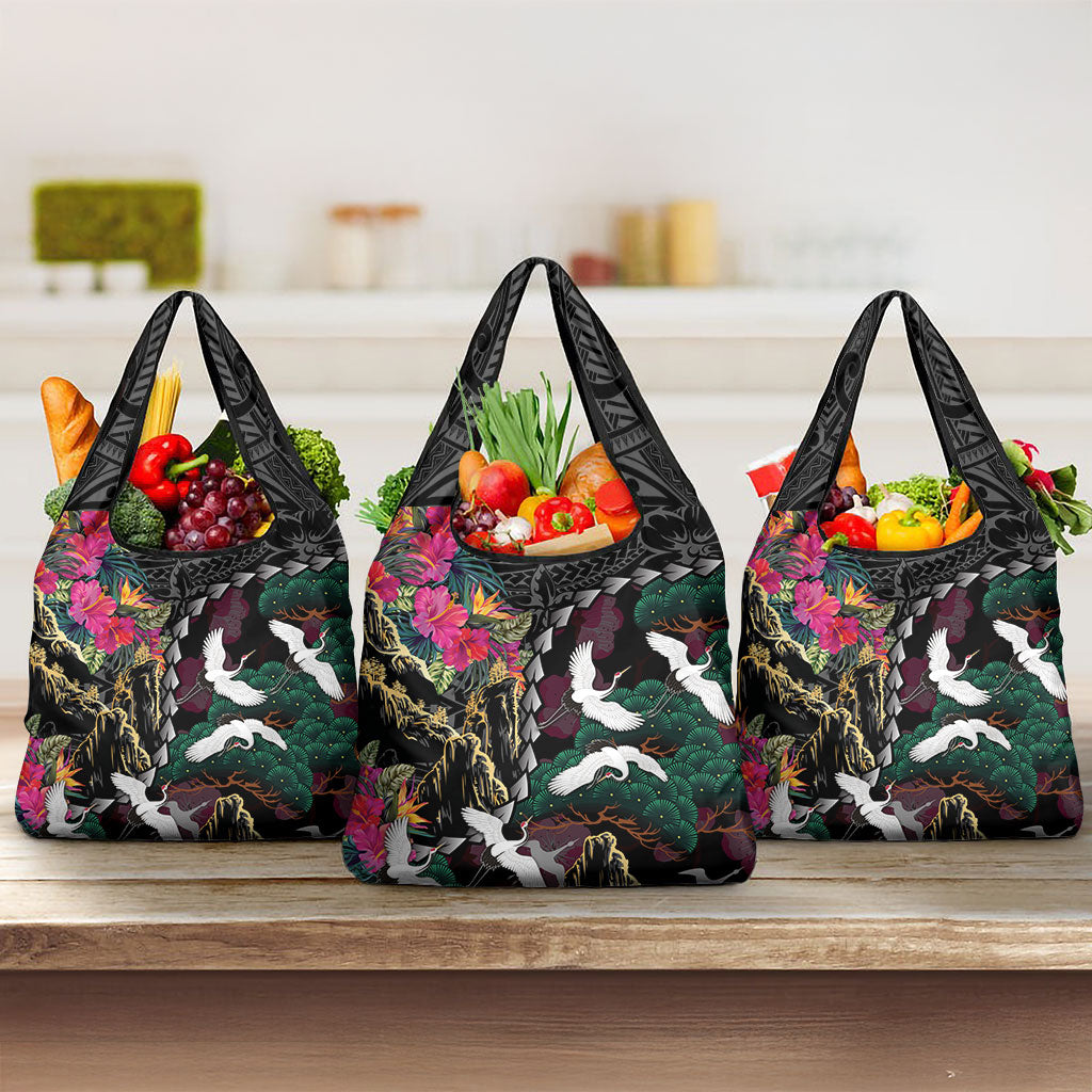 Hawaiian and Japanese Culture Grocery Bag Crane Sakura Hibiscus Tropical Vibes