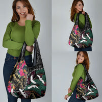 Hawaiian and Japanese Culture Grocery Bag Crane Sakura Hibiscus Tropical Vibes