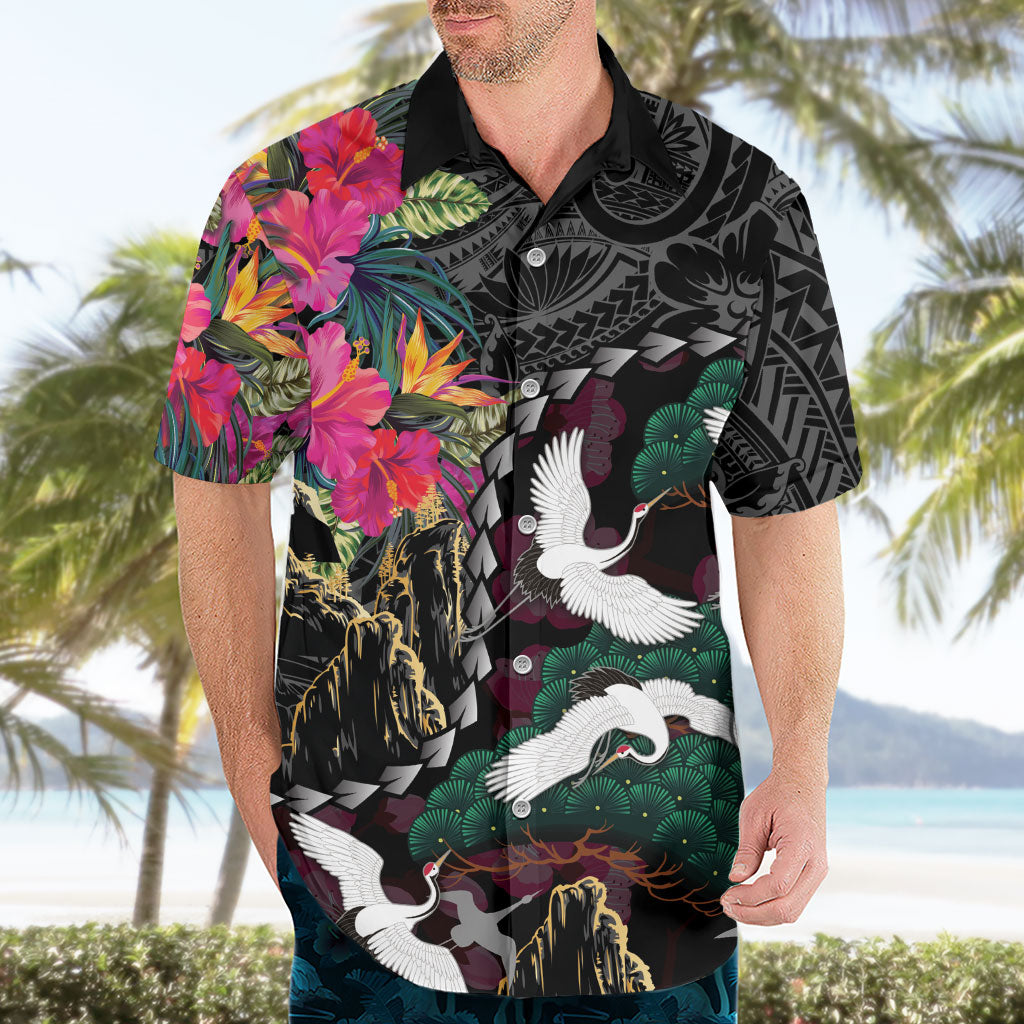 Hawaiian and Japanese Culture Hawaiian Shirt Crane Sakura Hibiscus Tropical Vibes