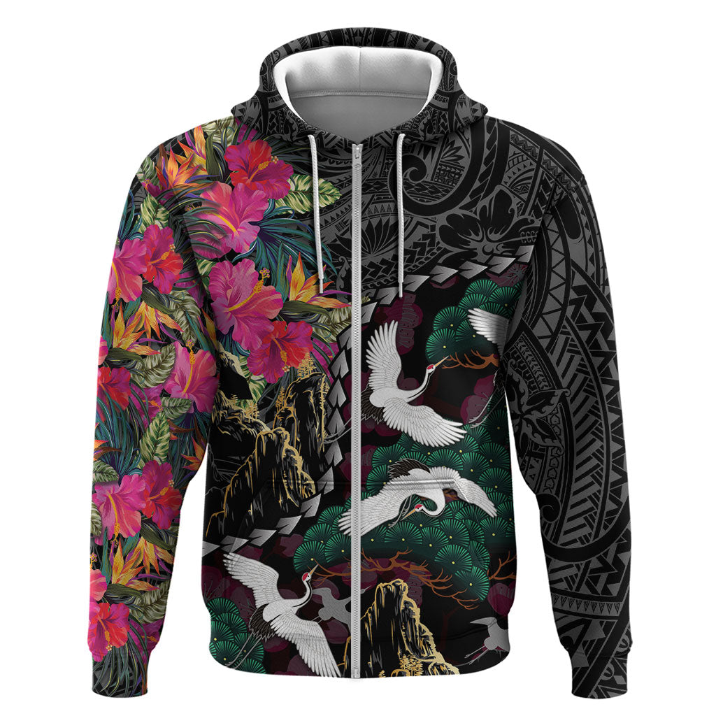 Hawaiian and Japanese Culture Hoodie Crane Sakura Hibiscus Tropical Vibes