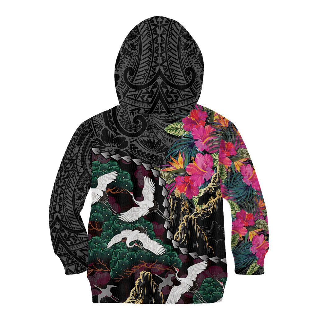 Hawaiian and Japanese Culture Kid Hoodie Crane Sakura Hibiscus Tropical Vibes