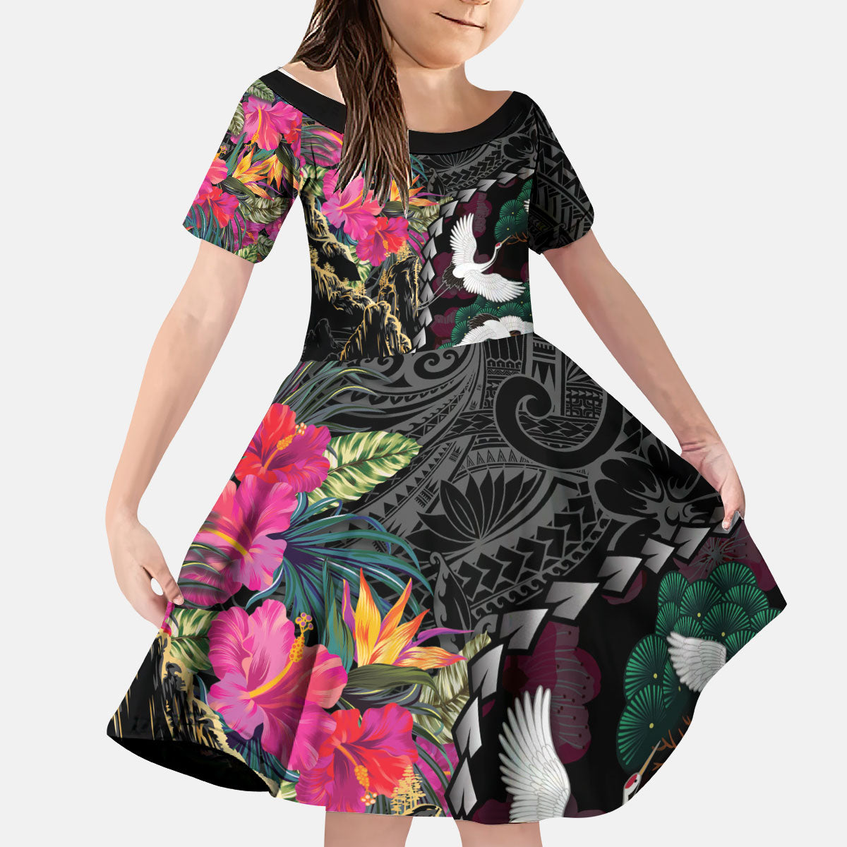Hawaiian and Japanese Culture Kid Short Sleeve Dress Crane Sakura Hibiscus Tropical Vibes