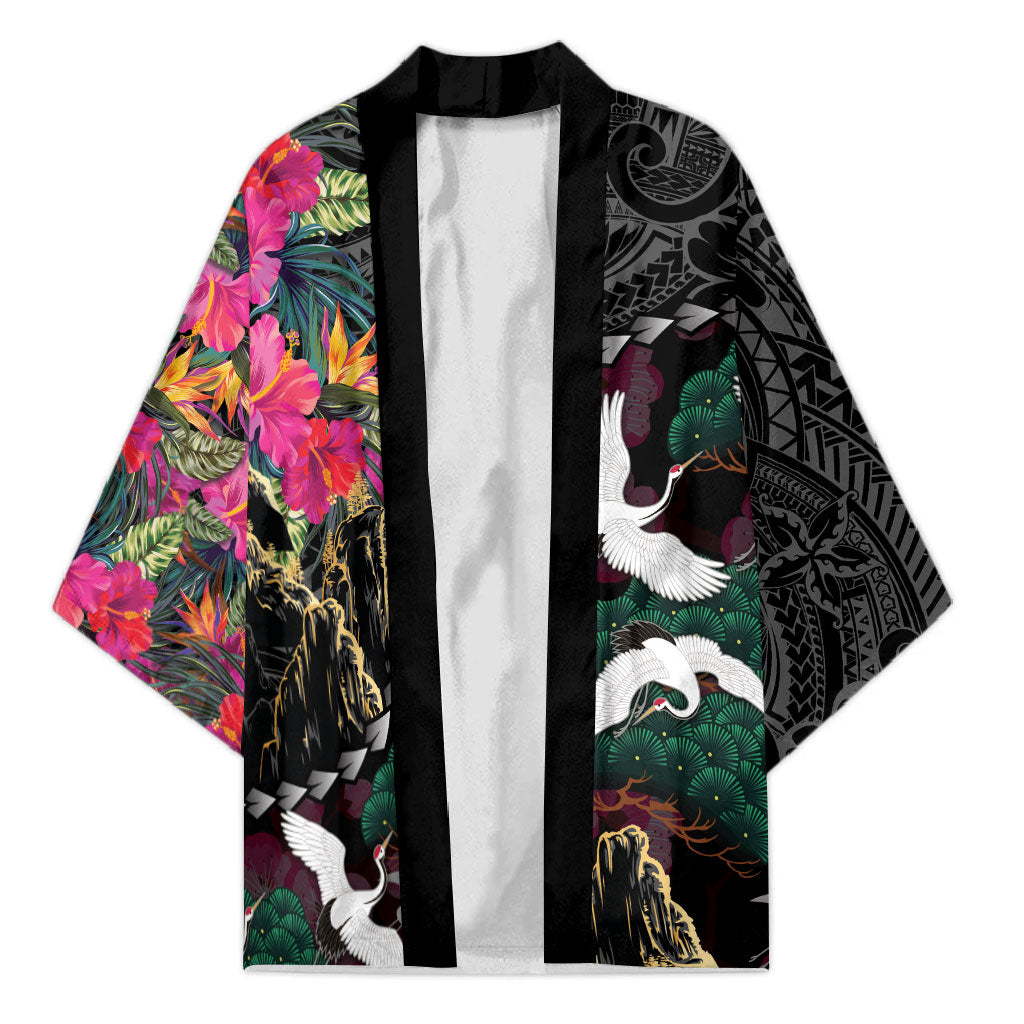 Hawaiian and Japanese Culture Kimono Crane Sakura Hibiscus Tropical Vibes LT14 Unisex Black - Polynesian Pride