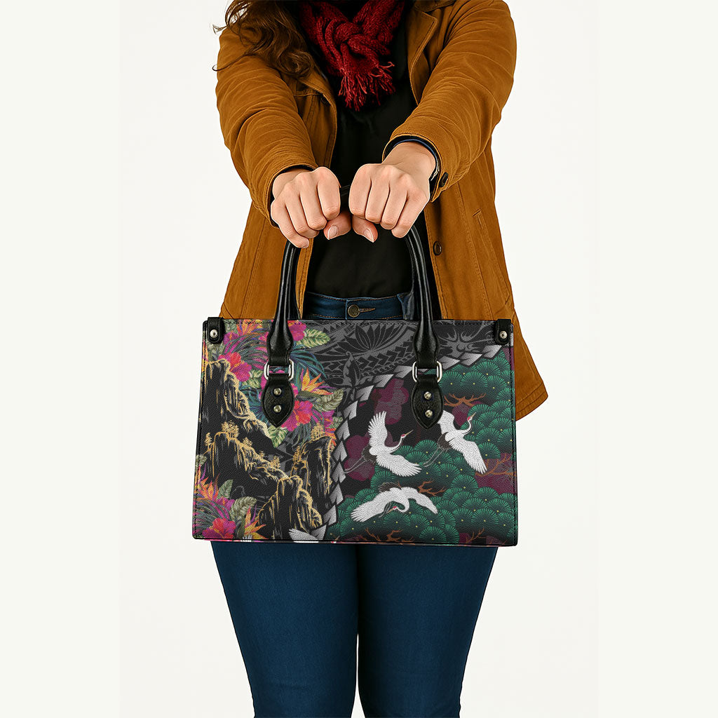 Hawaiian and Japanese Culture Leather Bag Crane Sakura Hibiscus Tropical Vibes