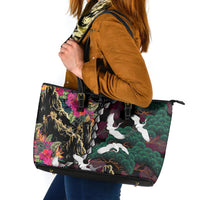Hawaiian and Japanese Culture Leather Tote Bag Crane Sakura Hibiscus Tropical Vibes