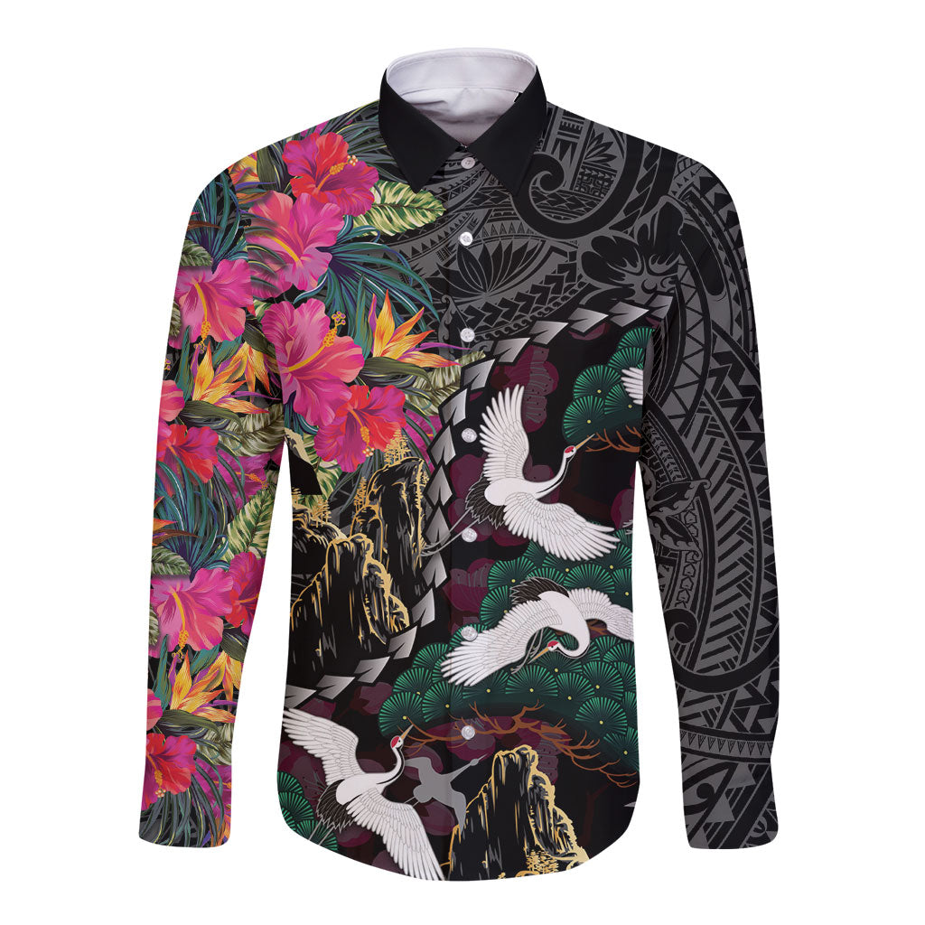 Hawaiian and Japanese Culture Long Sleeve Button Shirt Crane Sakura Hibiscus Tropical Vibes LT14 Unisex Black - Polynesian Pride