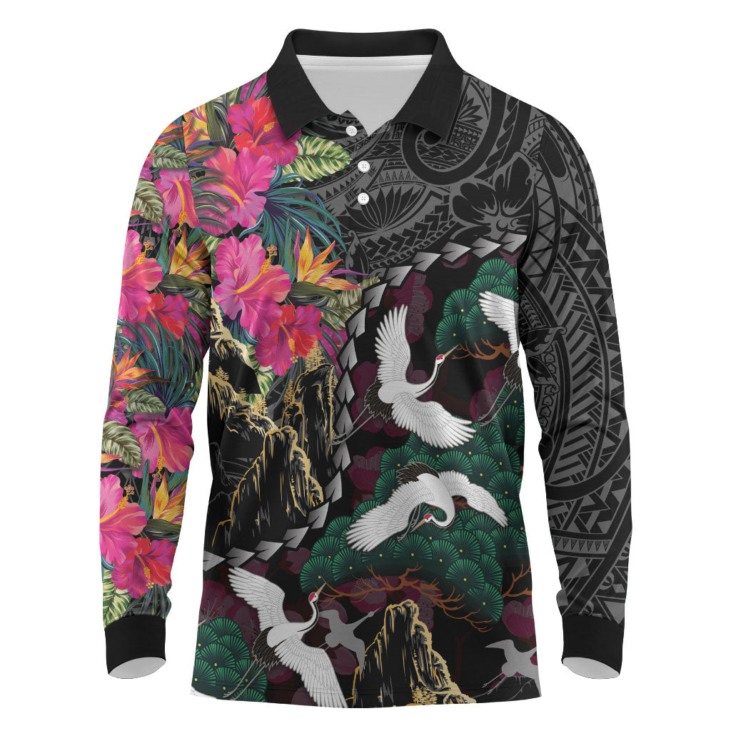 Hawaiian and Japanese Culture Long Sleeve Polo Shirt Crane Sakura Hibiscus Tropical Vibes