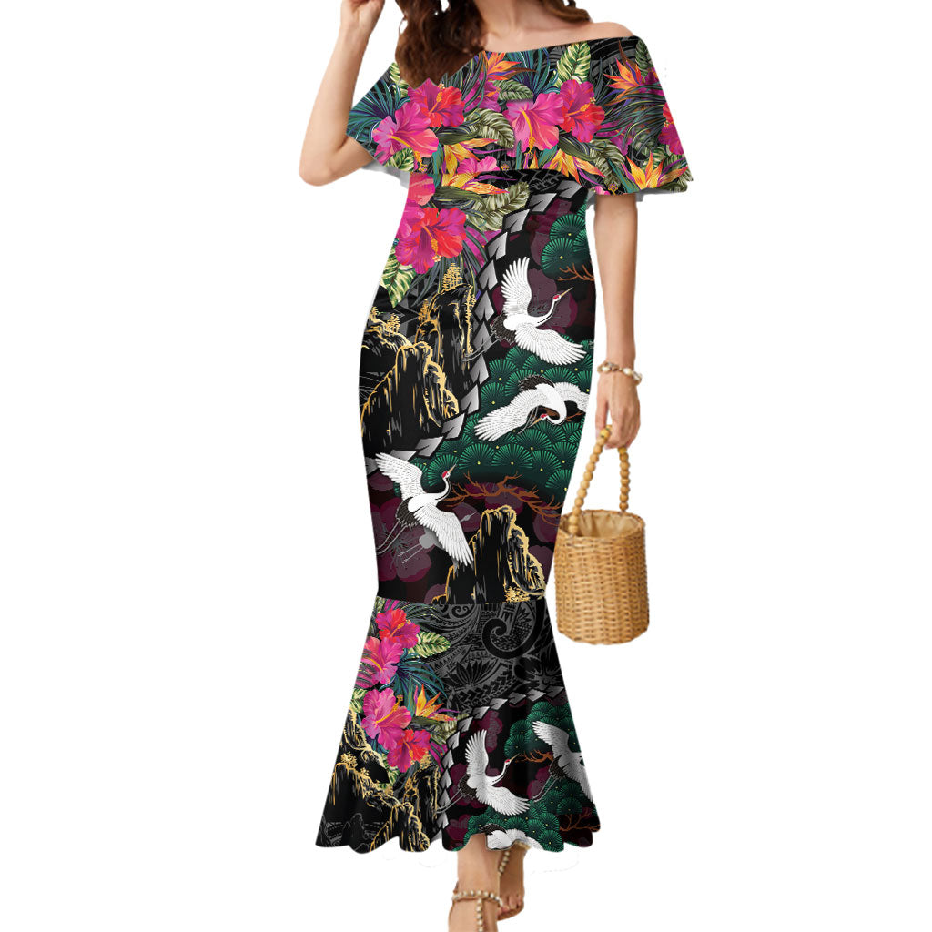 Hawaiian and Japanese Culture Mermaid Dress Crane Sakura Hibiscus Tropical Vibes LT14 Women Black - Polynesian Pride