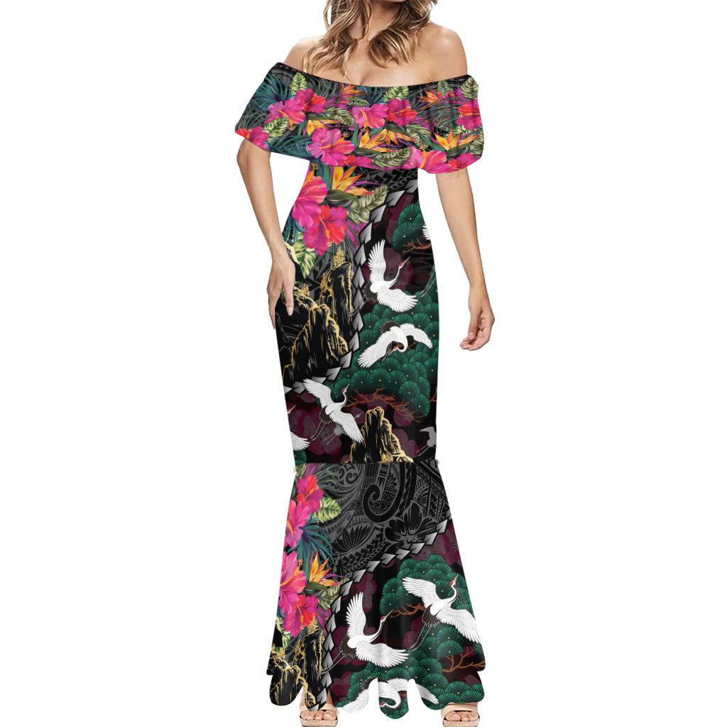 Hawaiian and Japanese Culture Mermaid Dress Crane Sakura Hibiscus Tropical Vibes
