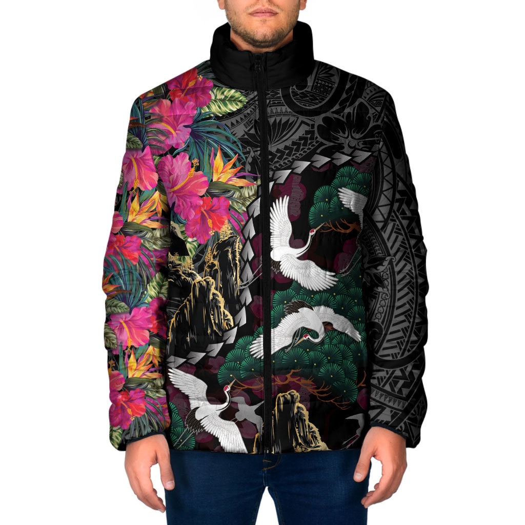 Hawaiian and Japanese Culture Padded Jacket Crane Sakura Hibiscus Tropical Vibes