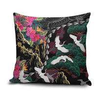 Hawaiian and Japanese Culture Pillow Cover Crane Sakura Hibiscus Tropical Vibes