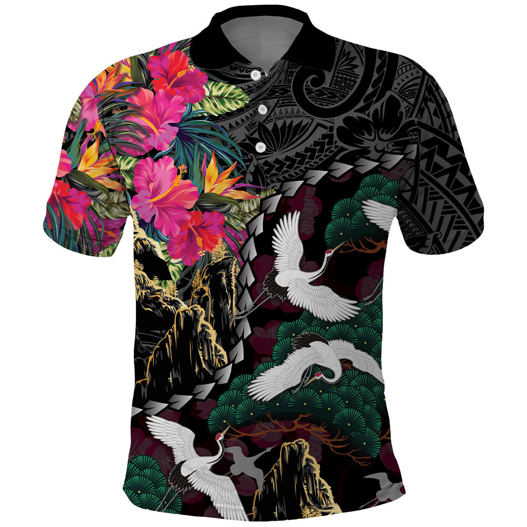 Hawaiian and Japanese Culture Polo Shirt Crane Sakura Hibiscus Tropical Vibes LT14 Black - Polynesian Pride