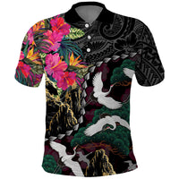 Hawaiian and Japanese Culture Polo Shirt Crane Sakura Hibiscus Tropical Vibes