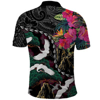 Hawaiian and Japanese Culture Polo Shirt Crane Sakura Hibiscus Tropical Vibes