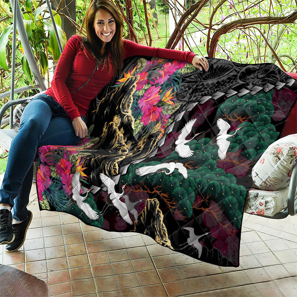 Hawaiian and Japanese Culture Quilt Crane Sakura Hibiscus Tropical Vibes