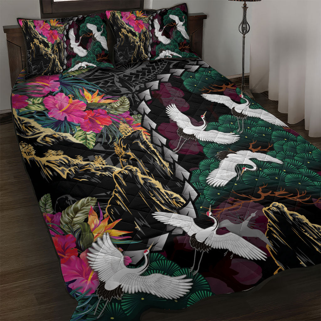 Hawaiian and Japanese Culture Quilt Bed Set Crane Sakura Hibiscus Tropical Vibes LT14 Black - Polynesian Pride