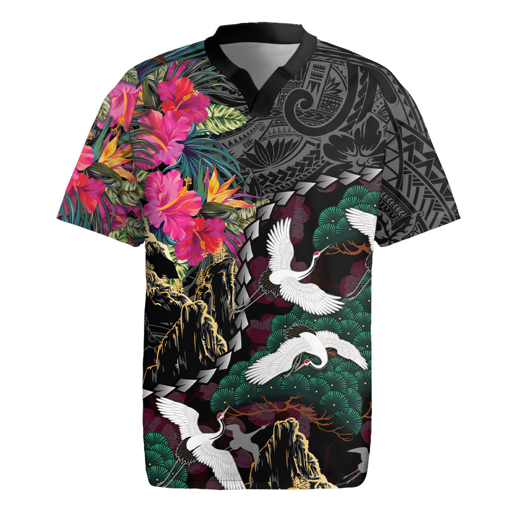 Hawaiian and Japanese Culture Rugby Jersey Crane Sakura Hibiscus Tropical Vibes LT14 Black - Polynesian Pride