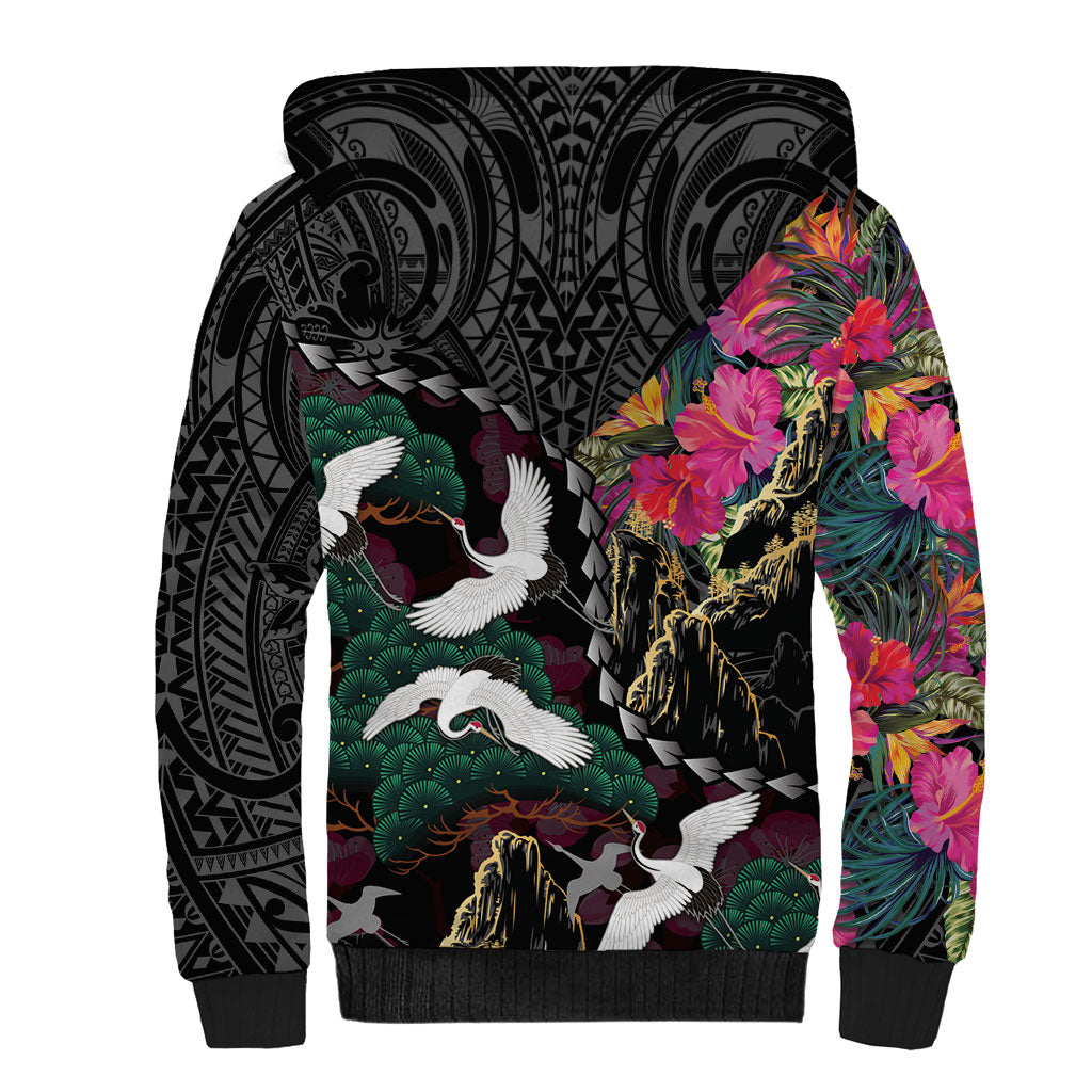 Hawaiian and Japanese Culture Sherpa Hoodie Crane Sakura Hibiscus Tropical Vibes