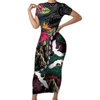 Hawaiian and Japanese Culture Short Sleeve Bodycon Dress Crane Sakura Hibiscus Tropical Vibes