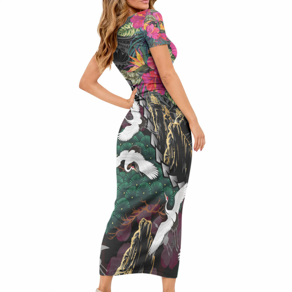 Hawaiian and Japanese Culture Short Sleeve Bodycon Dress Crane Sakura Hibiscus Tropical Vibes LT14 - Polynesian Pride