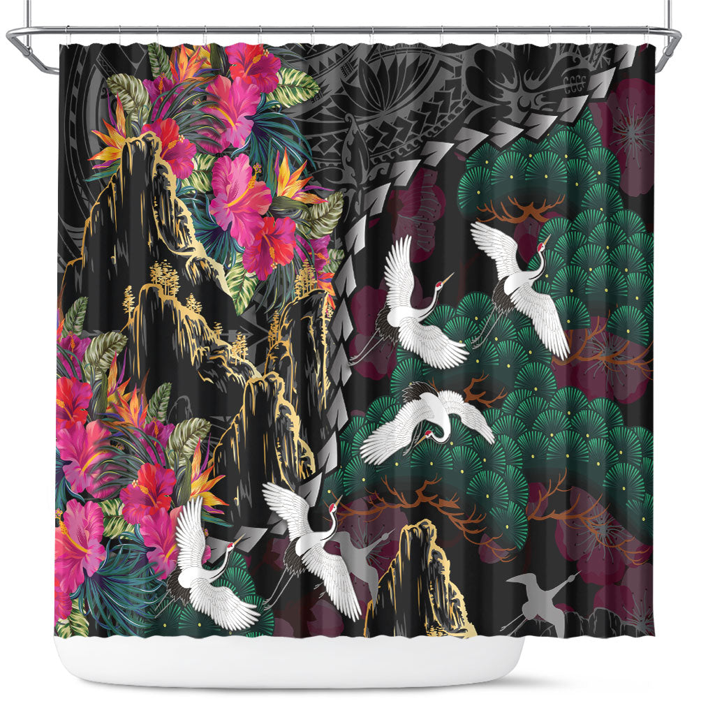 Hawaiian and Japanese Culture Shower Curtain Crane Sakura Hibiscus Tropical Vibes