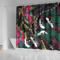 Hawaiian and Japanese Culture Shower Curtain Crane Sakura Hibiscus Tropical Vibes