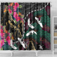 Hawaiian and Japanese Culture Shower Curtain Crane Sakura Hibiscus Tropical Vibes