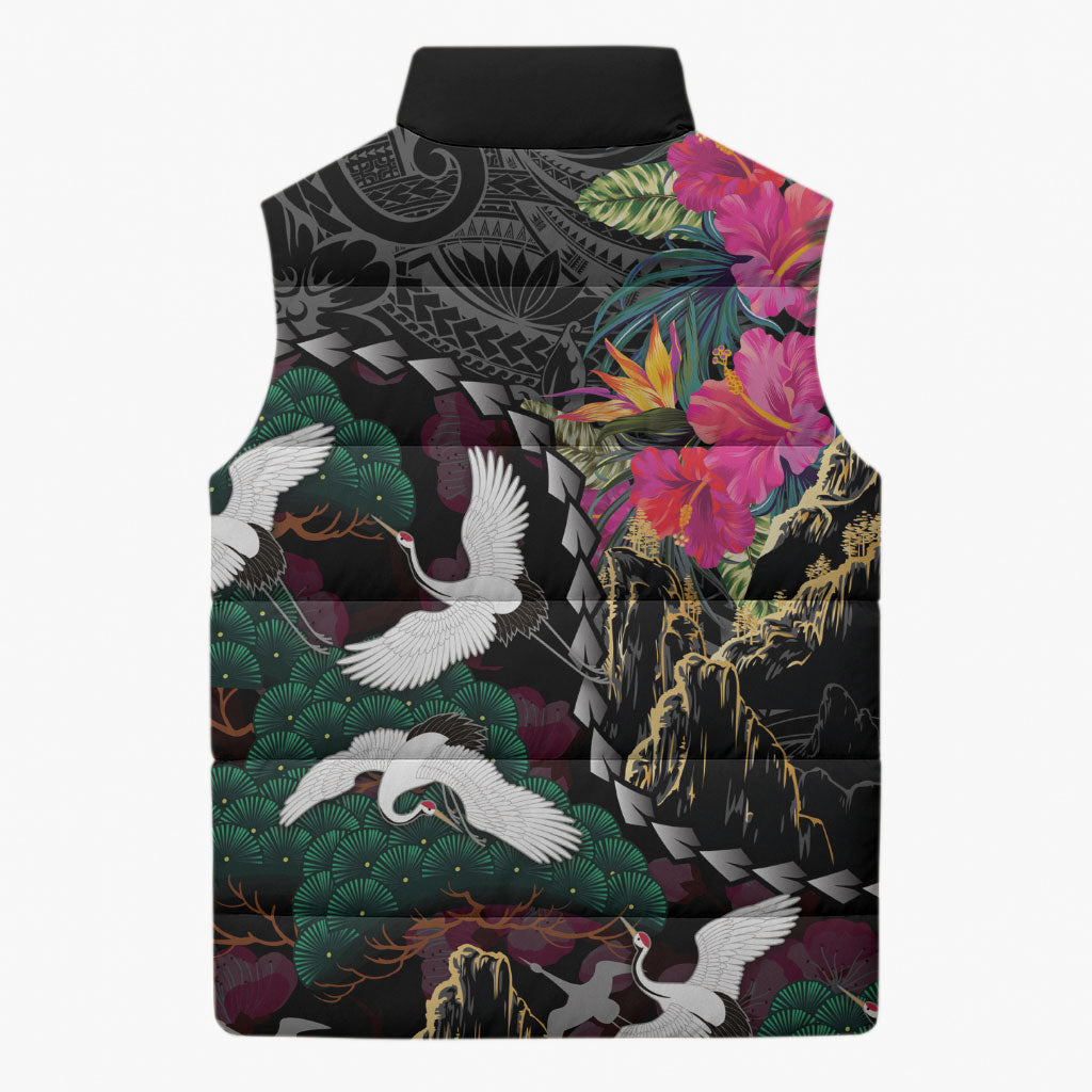 Hawaiian and Japanese Culture Sleeveless Puffer Jacket Crane Sakura Hibiscus Tropical Vibes