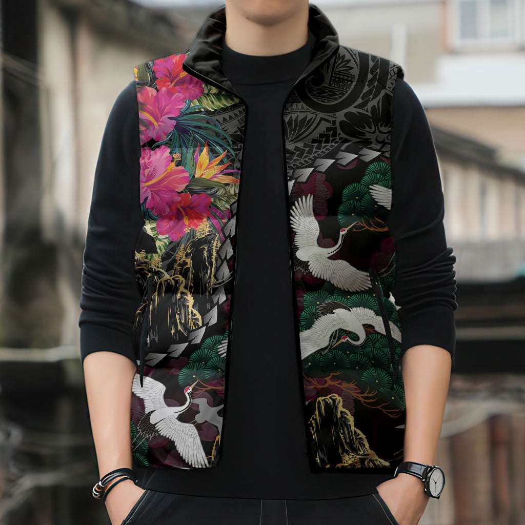 Hawaiian and Japanese Culture Sleeveless Puffer Jacket Crane Sakura Hibiscus Tropical Vibes