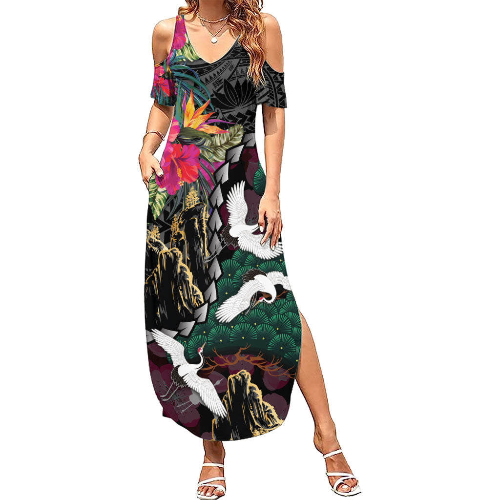 Hawaiian and Japanese Culture Summer Maxi Dress Crane Sakura Hibiscus Tropical Vibes LT14 Women Black - Polynesian Pride