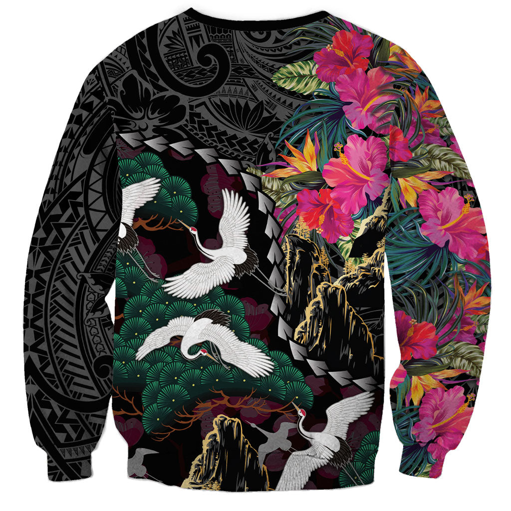 Hawaiian and Japanese Culture Sweatshirt Crane Sakura Hibiscus Tropical Vibes