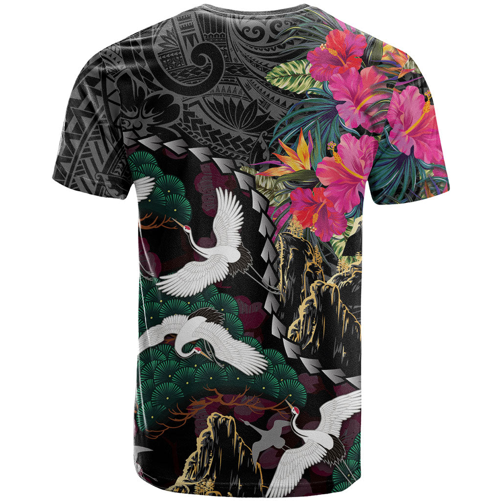 Hawaiian and Japanese Culture T Shirt Crane Sakura Hibiscus Tropical Vibes