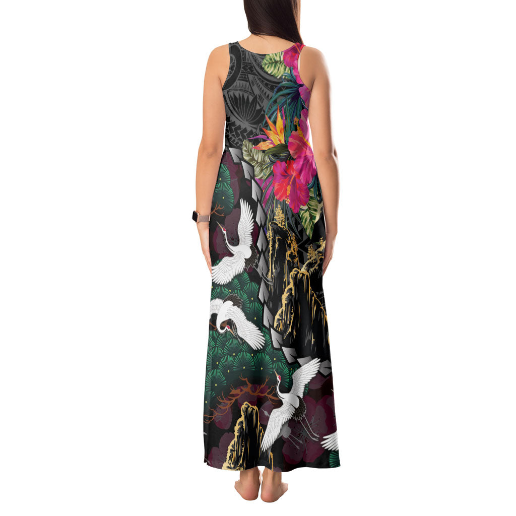 Hawaiian and Japanese Culture Tank Maxi Dress Crane Sakura Hibiscus Tropical Vibes