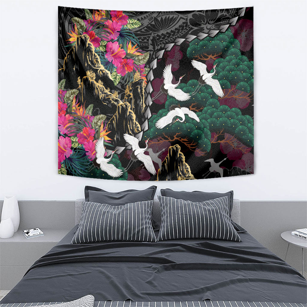 Hawaiian and Japanese Culture Tapestry Crane Sakura Hibiscus Tropical Vibes
