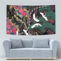 Hawaiian and Japanese Culture Tapestry Crane Sakura Hibiscus Tropical Vibes