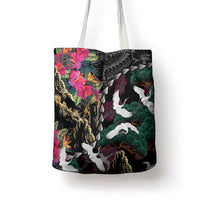 Hawaiian and Japanese Culture Tote Bag Crane Sakura Hibiscus Tropical Vibes