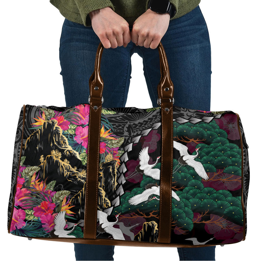 Hawaiian and Japanese Culture Travel Bag Crane Sakura Hibiscus Tropical Vibes