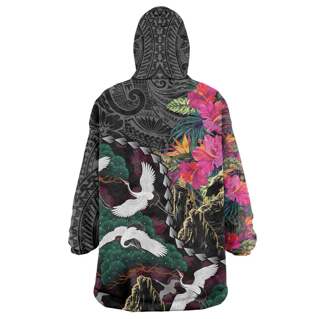 Hawaiian and Japanese Culture Wearable Blanket Hoodie Crane Sakura Hibiscus Tropical Vibes