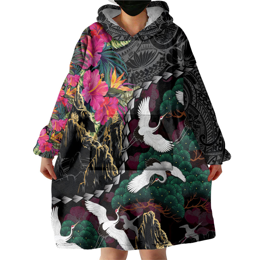 Hawaiian and Japanese Culture Wearable Blanket Hoodie Crane Sakura Hibiscus Tropical Vibes
