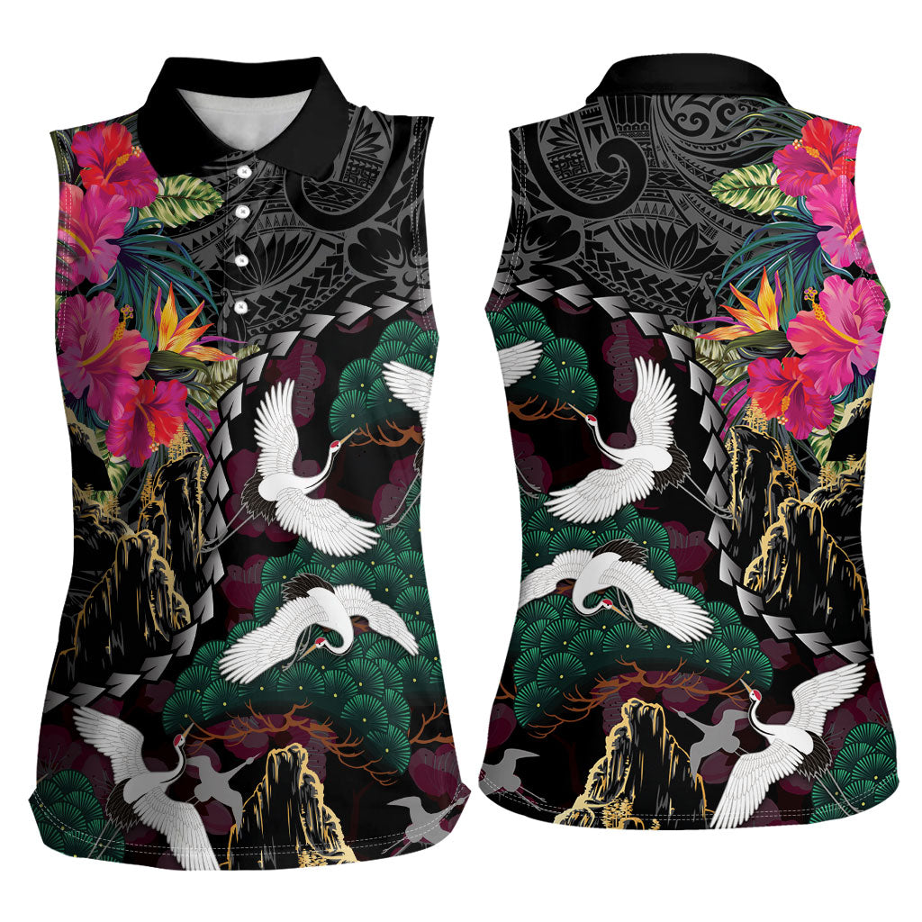 Hawaiian and Japanese Culture Women Sleeveless Polo Shirt Crane Sakura Hibiscus Tropical Vibes