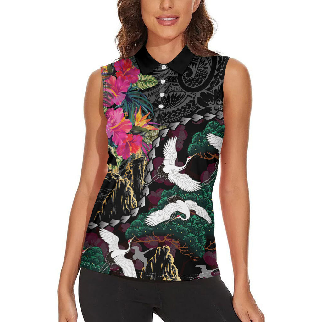 Hawaiian and Japanese Culture Women Sleeveless Polo Shirt Crane Sakura Hibiscus Tropical Vibes