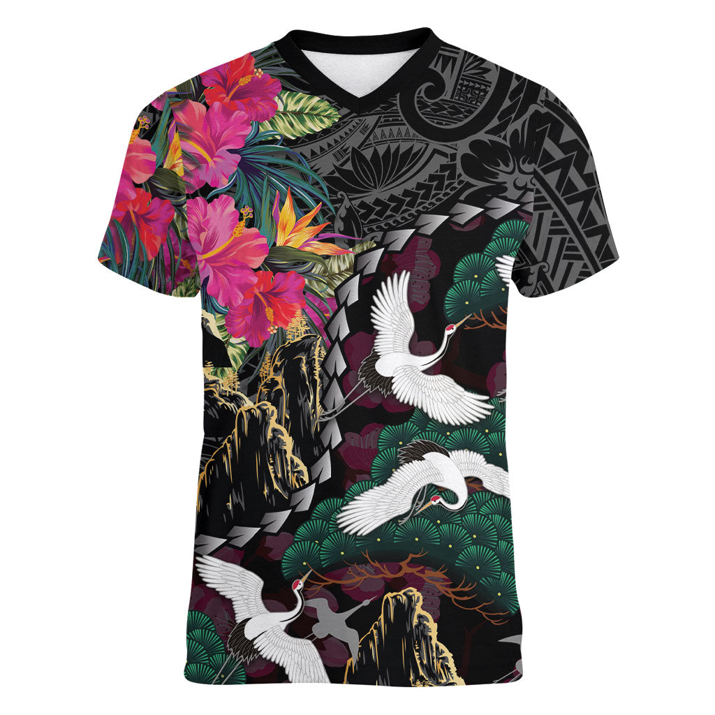 Hawaiian and Japanese Culture Women V-Neck T-Shirt Crane Sakura Hibiscus Tropical Vibes